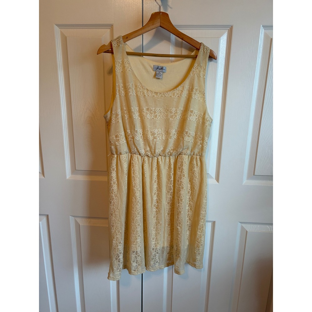 Vintage 90s Love Riche Yellow Floral Lace Elastic Waist Sleeveless Dress XL